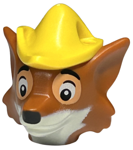 Minifigure, Head, Modified Fox with Molded Yellow Hat with Hole and Printed Black and White Eyes with Nougat Outline, Nose, Muzzle and Beard Pattern