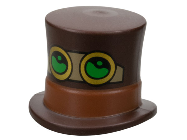 Minifigure, Headgear Hat, Top Hat Large with Molded Reddish Brown Band and Printed Black, Dark Tan and Gold Goggles with Bright Green Lenses Pattern