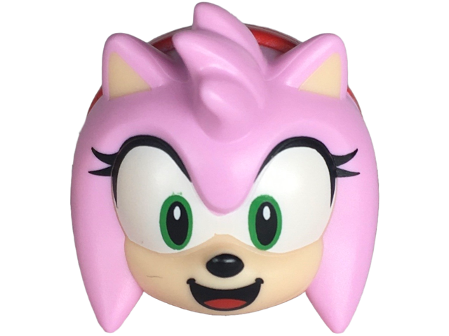 Minifigure, Head, Modified Hedgehog with Molded Light Nougat Face and Inner Ears and Printed Bright Green Eyes on White Background, Black Eyelashes, Nose and Open Mouth Smile, Red Tongue and Hairband Pattern