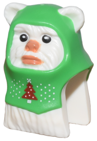 Minifigure, Head, Modified SW Ewok with Molded Bright Green Hood and Printed Black Eyes, Nougat Nose and Lips, and Red Christmas Tree Pattern