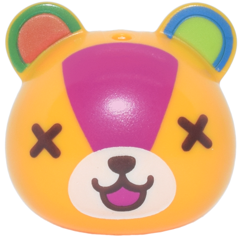 Minifigure, Head, Modified Squirrel / Cub with Ears with Molded Lime Auricles and Printed White Nose, Dark Brown X Eyes and Nose, Magenta Face and Mouth, and Blue, Green and Reddish Orange Ears Pattern