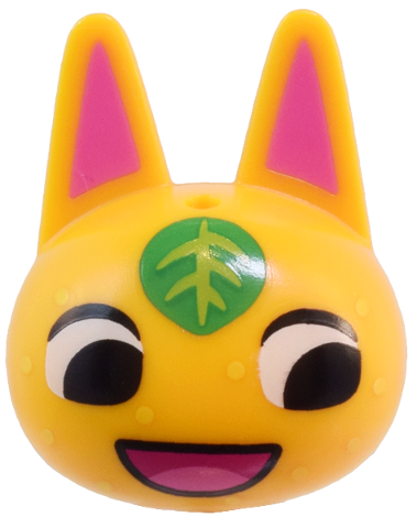 Minifigure, Head, Modified Cat with Pointed Ears with Molded Dark Pink Auricles and Printed Black Eyes, Green and Lime Leaf, Yellow Spots, and Magenta and Dark Pink Mouth Pattern