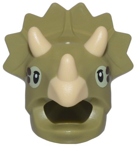 Minifigure, Headgear Head Cover, Costume Dinosaur Triceratops with Molded Tan Horns, Printed Black and Yellowish Green Eyes with Dark Brown Spots Pattern