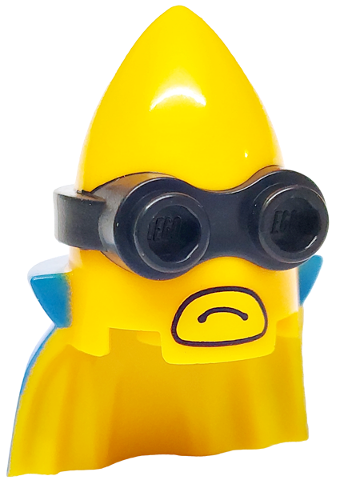 Minifigure, Head, Modified Minion, Pointed with Cape with Molded Black Goggles and Printed Blue Cape and Yellow Mouth Pattern
