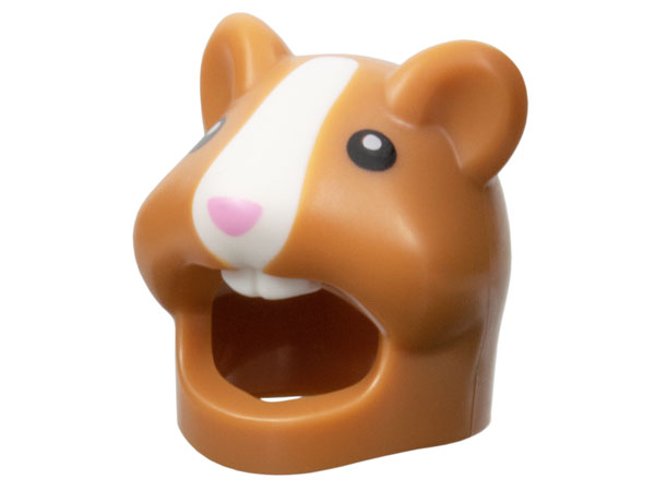 Minifigure, Headgear Head Cover, Costume Hamster with Molded White Muzzle and Teeth and Printed Black Eyes and Bright Pink Nose Pattern