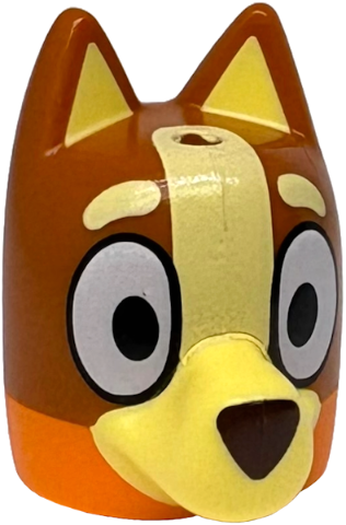 Minifigure, Head, Modified Dog (Cattle) with Straight Ears, Hole on Top with Molded Dark Orange Top and Bright Light Yellow Muzzle and Auricles and Printed Eyes, Eyebrows, Markings and Dark Brown Nose Pattern