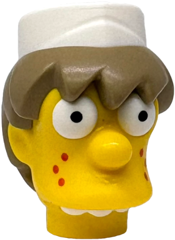 Minifigure, Head, Modified Simpsons Squeaky-Voiced Teen with Molded Dark Tan Hair and White Cap, Eyes and Teeth and Printed Pupils and Reddish Orange Freckles Pattern