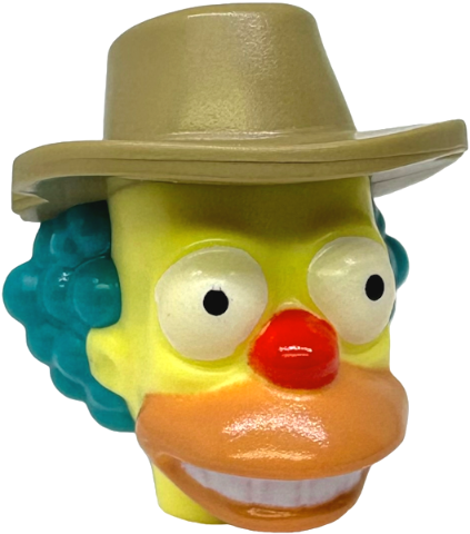 Minifigure, Head, Modified Simpsons Farmer Krusty with Molded Dark Turquoise Hair and Dark Tan Hat and Printed Eyes, Red Nose and Nougat Open Mouth Pattern