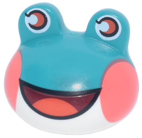 Minifigure, Head, Modified Frog with Molded White Lower Head and Printed Coral Round Cheeks, Reddish Orange Eyes and Dark Red Open Mouth Smile with Tongue Pattern