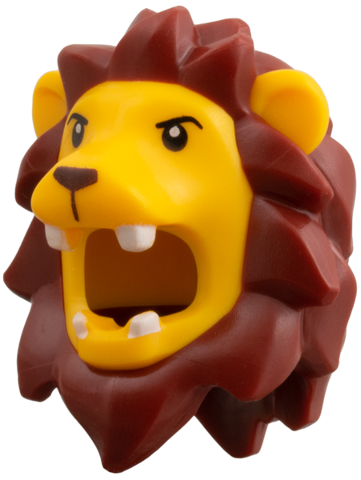 Minifigure, Headgear Head Cover, Costume Lion with Molded Dark Red Mane, Printed Black Eyes, Dark Brown Nose Pattern