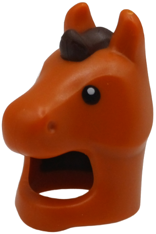 Minifigure, Headgear Head Cover, Costume Horse with Molded Dark Brown Mane and Printed Black Eyes Pattern