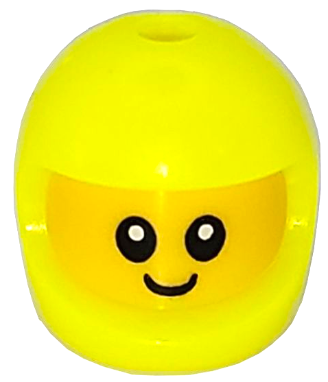 Minifigure, Head, Modified Baby / Toddler with Molded Neon Yellow Space Helmet and Printed Black Grin and Eyes with White Glints Pattern