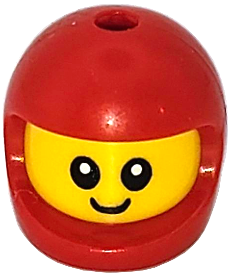 Minifigure, Head, Modified Baby / Toddler with Molded Red Space Helmet and Printed Black Grin and Eyes with White Glints Pattern