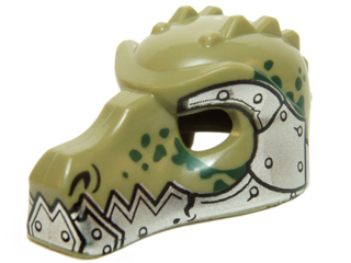 Minifigure, Headgear Mask Crocodile with Metallic Silver Lower Jaw and Armor with Rivets and Dark Green Spots Pattern