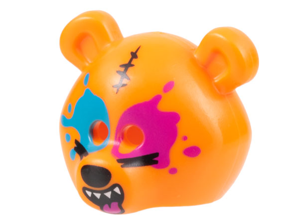 Minifigure, Headgear Mask Bear Rounded with Black Stitching and Nose, Dark Azure and Magenta Splotches, and Open Mouth Smile with Tongue Pattern