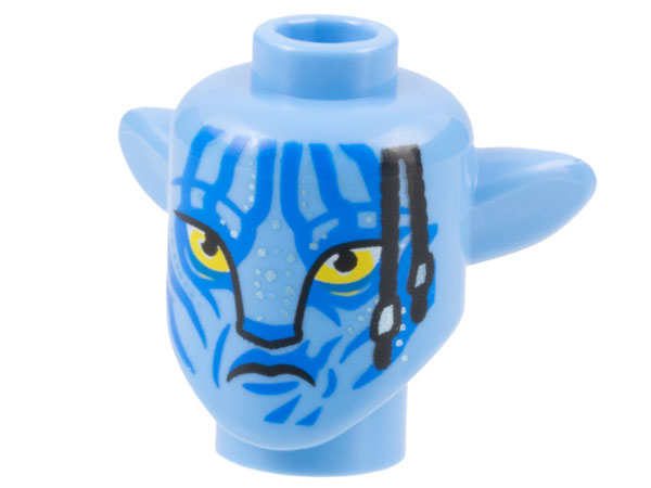 Minifigure, Head, Modified Alien Na'vi with Yellow Eyes, Silver Spots, Blue Markings, Black Braids, Frown Pattern