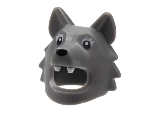 Minifigure, Headgear Head Cover, Costume Wolf / Dog with Black Eyes and Nose and White Teeth Pattern