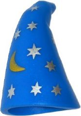 Minifigure, Headgear Hat, Cone Drooping, Wizard with Silver Stars and Gold Crescent Moon Pattern