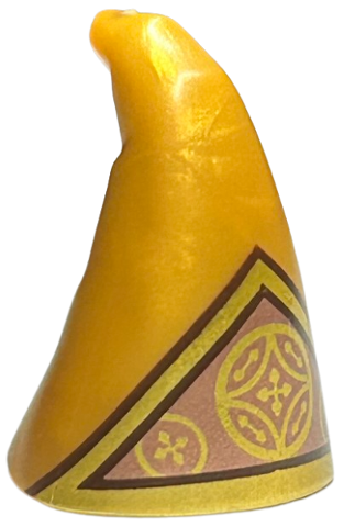 Minifigure, Headgear Hat, Cone Drooping, Wizard with Copper Triangle, Gold Ornate Circles and Border with Dark Brown Outline Pattern