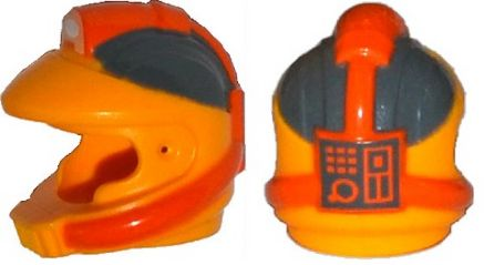 Minifigure, Headgear Helmet Space with Pipes and Mouth Grille with Control Panel and Dark Bluish Gray and Orange Markings Pattern