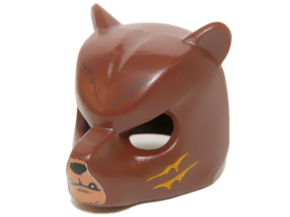 Minifigure, Headgear Mask Bear with Black Nose, Medium Nougat Face and Orange Slash Marks Pattern