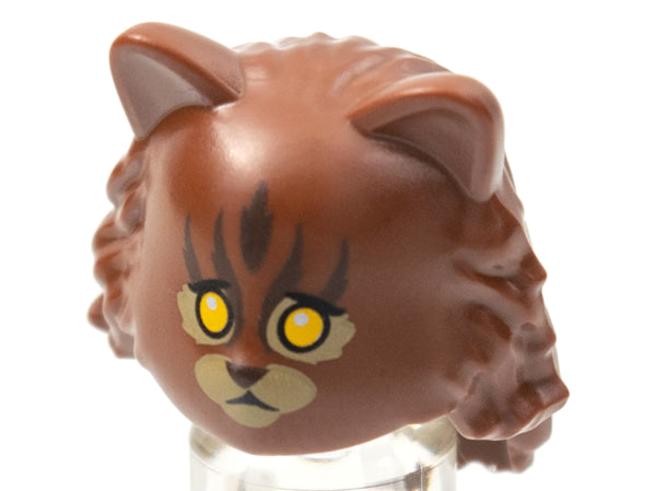 Minifigure, Headgear Head Cover, Cat with Mid-Length Hair in Back with Yellow Eyes, Tan Muzzle and Eye Patches, Dark Brown Stripes Pattern