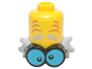 Minifigure, Headgear Extended Head with Eyebrows and Wrinkles, Black and Blue Goggles and Messy Light Bluish Gray Hair Pattern