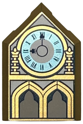 Tile, Modified 2 x 3 Pentagonal with Clock with Metallic Light Blue Face, Roman Numerals, and Arches Pattern