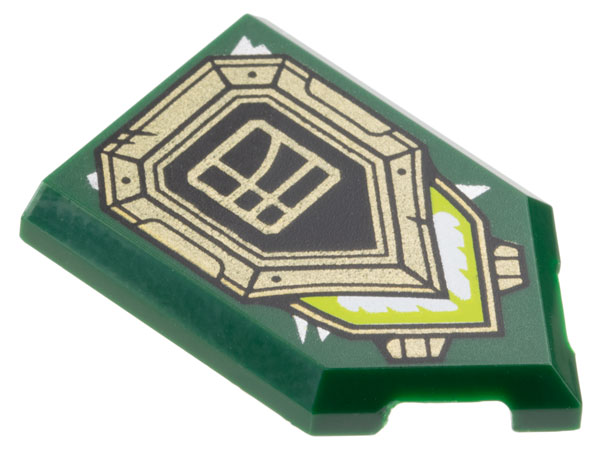 Tile, Modified 2 x 3 Pentagonal with Black and Gold Shield, Ninjago Logogram Letter L in Square, and Lime and White Light Pattern