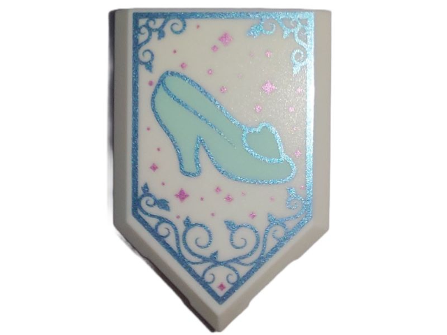 Tile, Modified 2 x 3 Pentagonal with Light Aqua Shoe with Heel and Heart, Metallic Light Blue Border and Filigree, Metallic Pink Sparkles Pattern (Cinderella Glass Slipper)