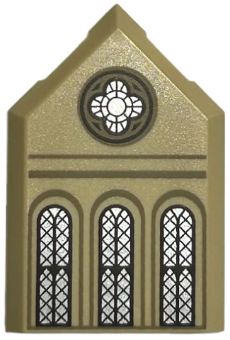 Tile, Modified 2 x 3 Pentagonal with Ornate Round and 3 Arched Silver Windows with Dark Brown Lattice, Dark Tan Arches and Lines Pattern
