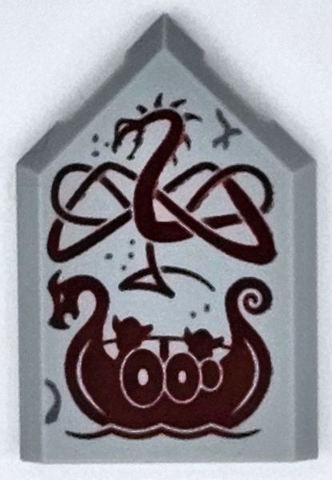 Tile, Modified 2 x 3 Pentagonal with Dark Red Dragon and Viking Ship Pattern