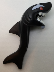 Minifigure, Headgear Head Cover, Costume Shark Head, Tail and Fin with Red Eyes, White Eyebrows and Teeth Pattern