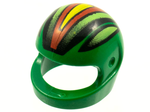 Minifigure, Headgear Helmet Motorcycle (Standard) with Black, Lime, Red, and Yellow Racing Stripes Pattern