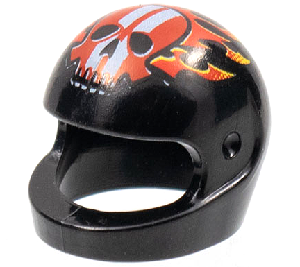 Minifigure, Headgear Helmet Motorcycle (Standard) with Red Flames and Skull with White Stripes Pattern
