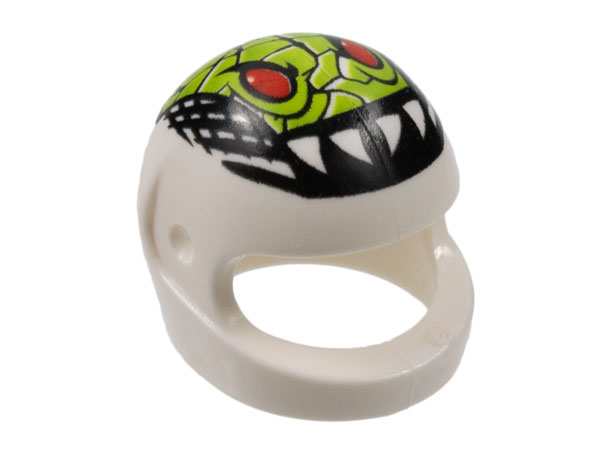 Minifigure, Headgear Helmet Motorcycle (Standard) with Lime Reptile Head with Red Eyes and Sharp Teeth Pattern