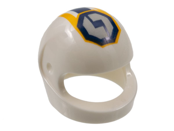 Minifigure, Headgear Helmet Motorcycle (Standard) with Gear Racing Team Logo in Octagon and Dark Blue Stripe Pattern