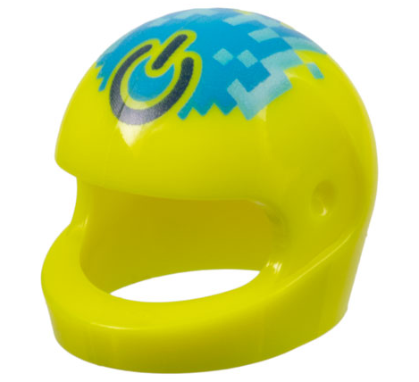 Minifigure, Headgear Helmet Motorcycle (Standard) with Dark Blue Power Symbol on Pixelated Medium Azure and Dark Azure Flame Pattern