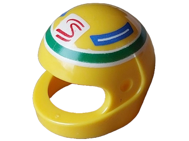 Minifigure, Headgear Helmet Motorcycle (Standard) with Red and White Senna Logo and Blue Panels in Green Circle Pattern