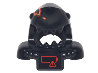 Minifigure, Headgear Mask Shark Head with Open Mouth with Red and Yellow Splotch, Shoulder Pads and Front Panel and Red Low Battery Warning Pattern