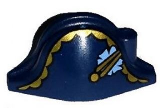 Minifigure, Headgear Hat, Pirate Bicorne with Gold Trim, Gold Button and Blue Flower Pattern