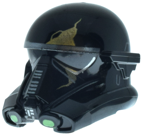 Minifigure, Headgear Helmet SW Imperial Death Trooper with Dark Silver Lines, Bright Green Lights and Gold Cracks Pattern