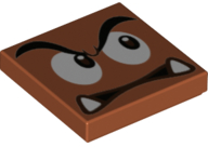 Tile 2 x 2 with Black Eyebrows, Dark Brown and White Eyes Looking Left, Neutral Mouth with Bottom Fangs Pattern (Super Mario Goomba Face)