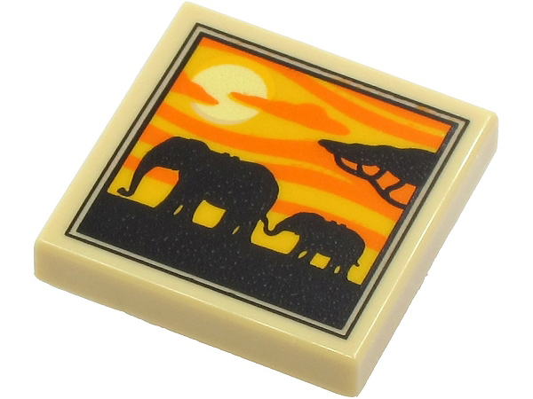 Tile 2 x 2 with 2 Elephants, Tree and Sunset Pattern