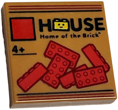 Tile 2 x 2 with LEGO House Logo, 'Home of the Brick', '4+', and Red 2 x 4 Bricks Box Art Pattern