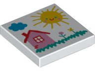 Tile 2 x 2 with Drawing of Cloud, Sun, House, and Flowers Pattern