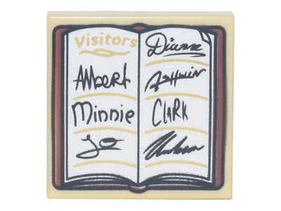 Tile 2 x 2 with Guest Book, 'Visitors', Signatures 'Albert Minnie Jo Diana Clark', and Reddish Brown Cover Pattern