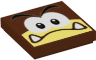 Tile 2 x 2 with Black Eyebrows, Dark Brown and White Eyes, Angry Frown with Lower Fangs on Bright Light Yellow Background Pattern (Super Mario Galoomba Face)