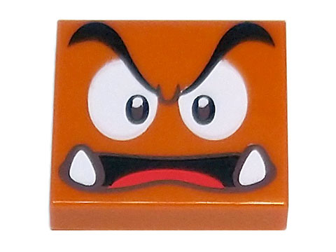 Tile 2 x 2 with Black Eyebrows, Dark Brown and White Eyes Looking Straight, Angry Open Mouth with Bottom Fangs and Red Tongue Pattern (Super Mario Goomba / Pirate Goomba Face)