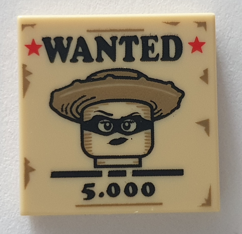 Tile 2 x 2 with 'WANTED', '5.000', Red Stars and Female Western Bandit Minifigure on Poster Pattern (BAM)